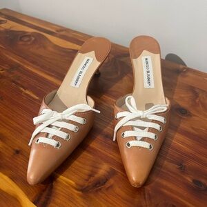 Manolo Blahnik Tan Mules with White Laces